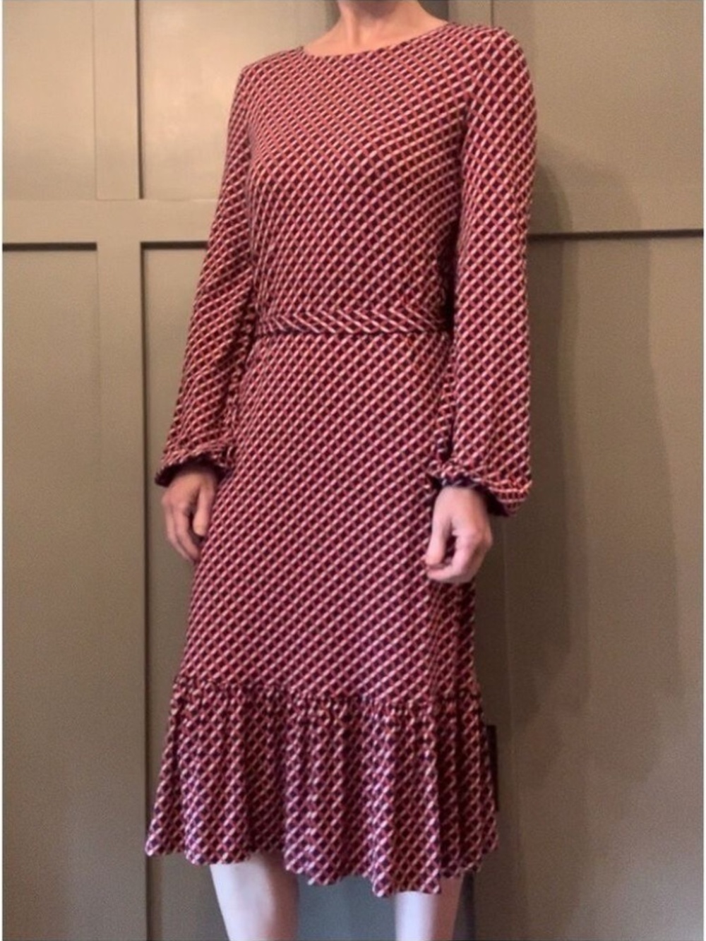 Boden Holly Jersey Dress in Pop Peony Trellis Long Sleeve Belted Waist Size 4